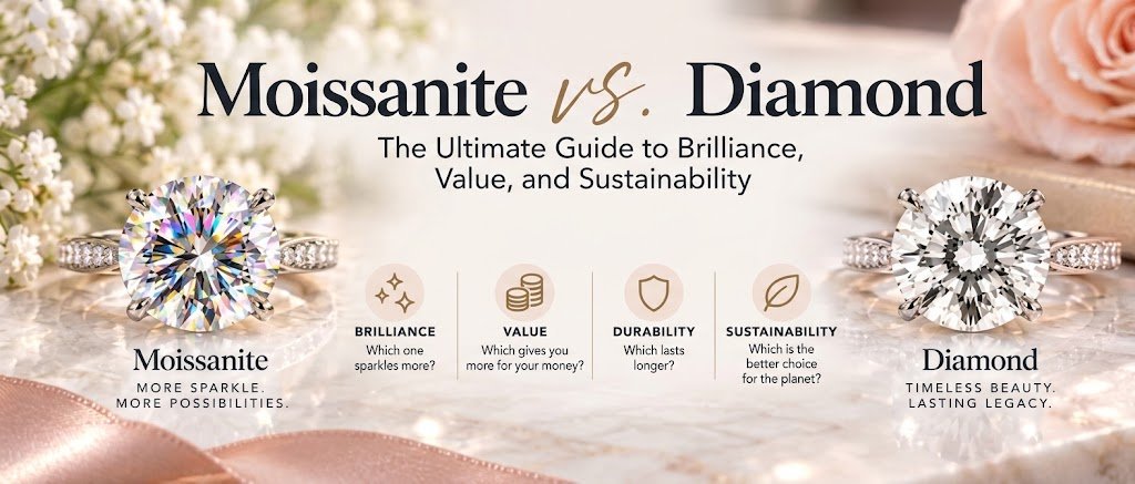 Moissanite vs diamond comparison featuring sparkling gemstone rings and their brilliance