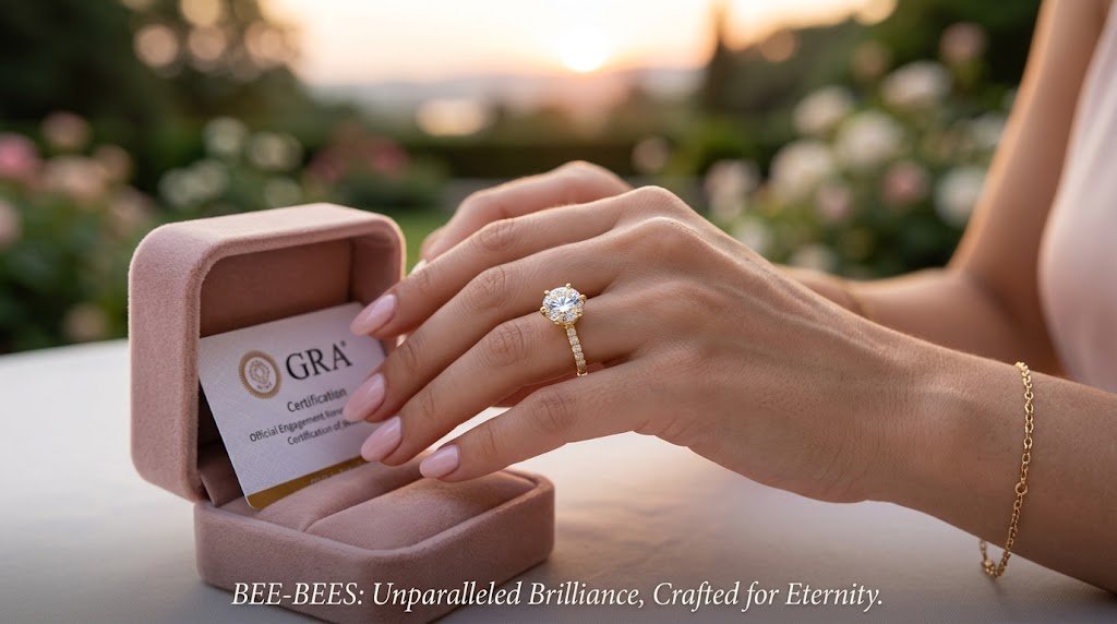 Woman wearing a sparkling moissanite engagement ring beside a pink jewelry box displaying a GRA certificate