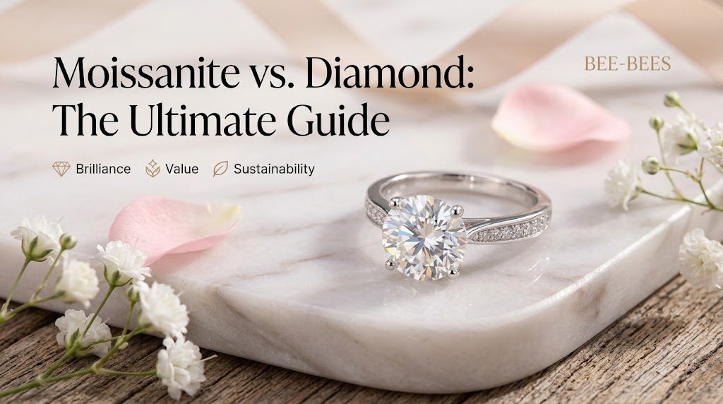 Moissanite engagement ring displayed on a white jewelry cushion with flowers, illustrating moissanite vs diamond beauty and brilliance