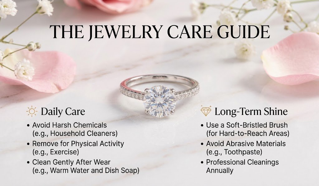 Moissanite engagement ring jewelry care guide showing daily cleaning tips and ways to maintain long-term sparkle