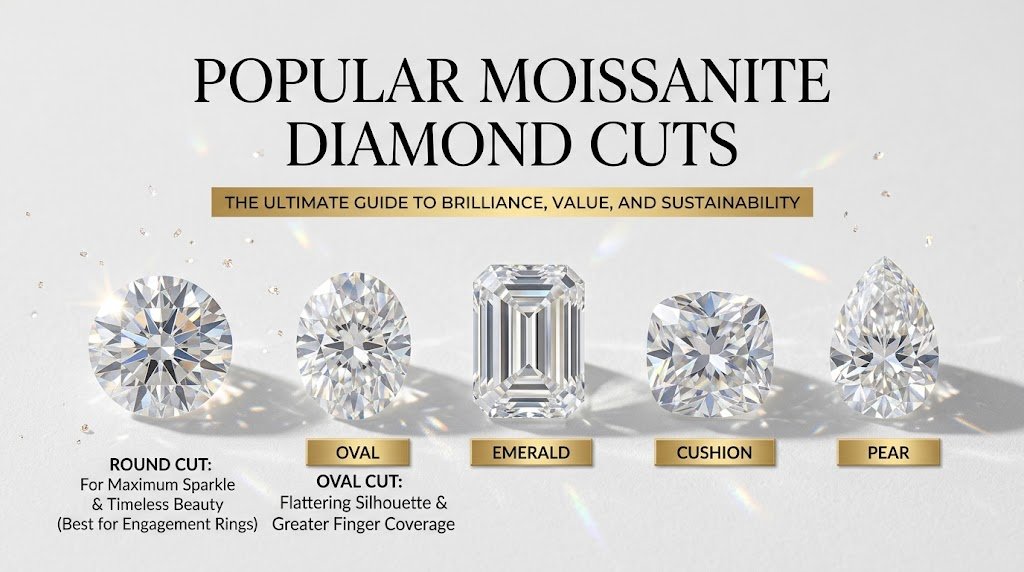 Moissanite gemstone cuts including round, oval, emerald, cushion, and pear shapes for engagement rings