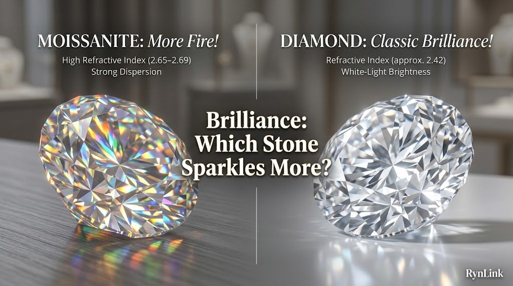 Moissanite vs diamond brilliance comparison showing colorful moissanite sparkle and classic diamond brilliance