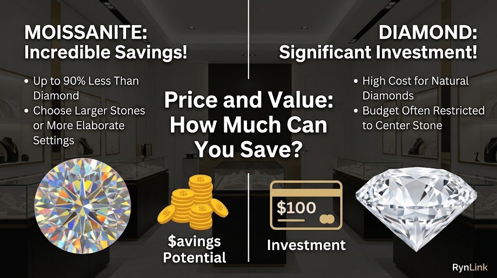 Moissanite vs diamond price comparison showing the affordability of moissanite engagement rings compared with natural diamonds