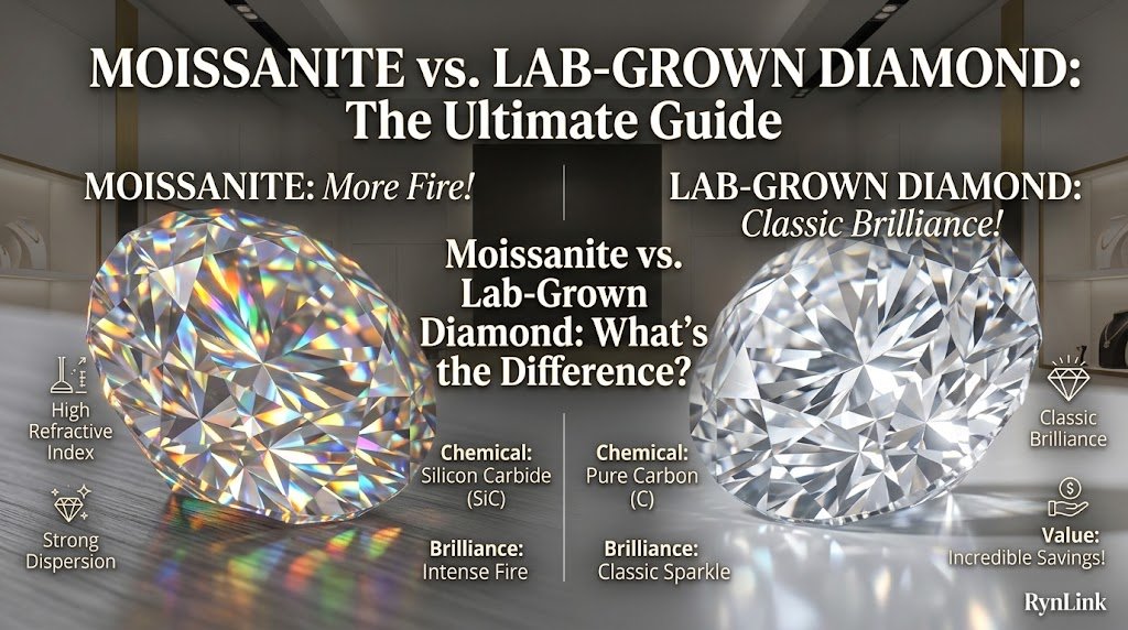 Moissanite vs diamond comparison showing colorful moissanite brilliance beside a lab-grown diamond with classic white sparkle