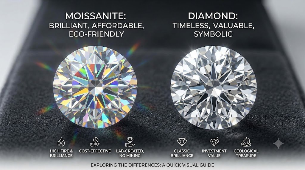 You are currently viewing Moissanite vs. Diamond: The Ultimate Guide to Brilliance, Value, and Sustainability