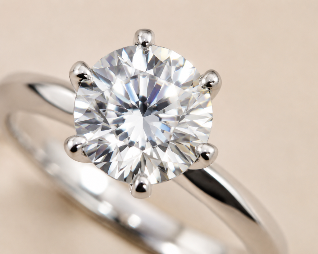 Close-up of a round brilliant moissanite engagement ring showing its fire and sparkle