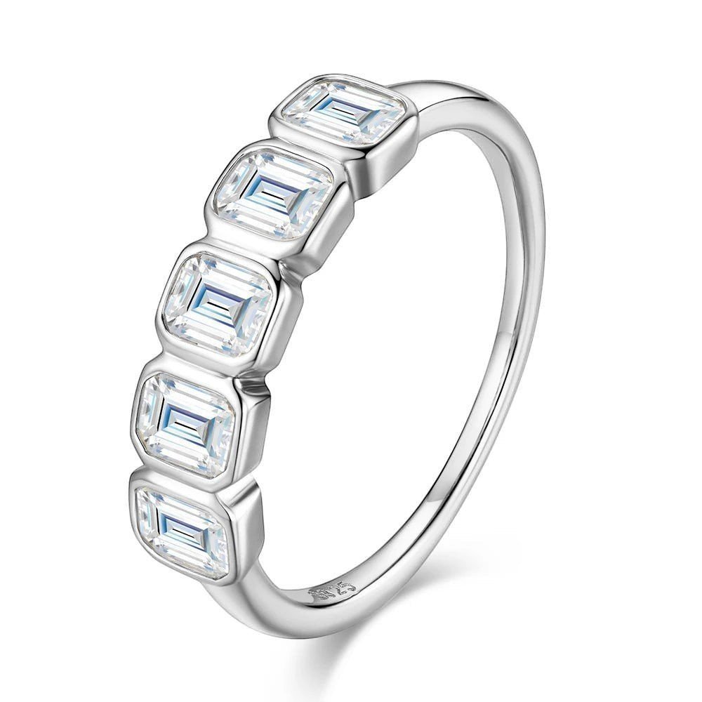 5 Stone Emerald Cut Moissanite Bezel Set Anniversary Ring in Sterling Silver