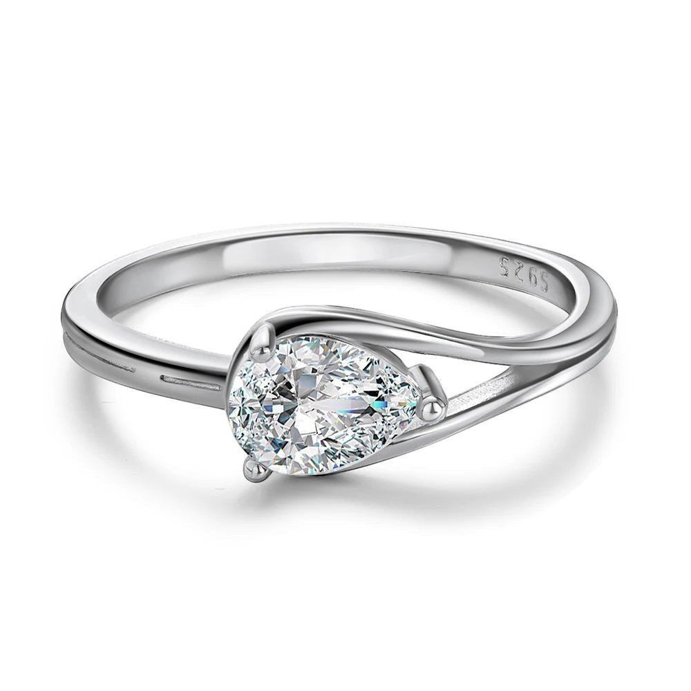 Pear Cut Moissanite Solitaire Engagement Ring with Bypass Band in 925 Sterling Silver