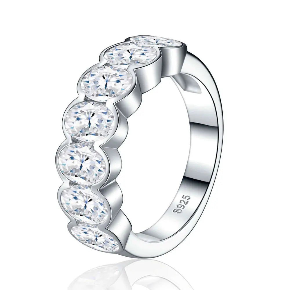 5 Stone Oval Moissanite Scalloped Band Ring in 925 Sterling Silver