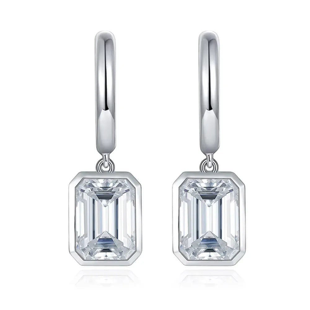 D Color emerald-cut moissanite hoop drop earrings from Bee-Bees in white gold plated sterling silver