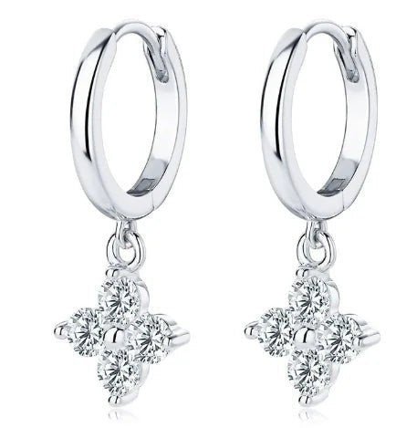 3mm D Color moissanite clover hoop earrings from Bee-Bees with sparkling stones.