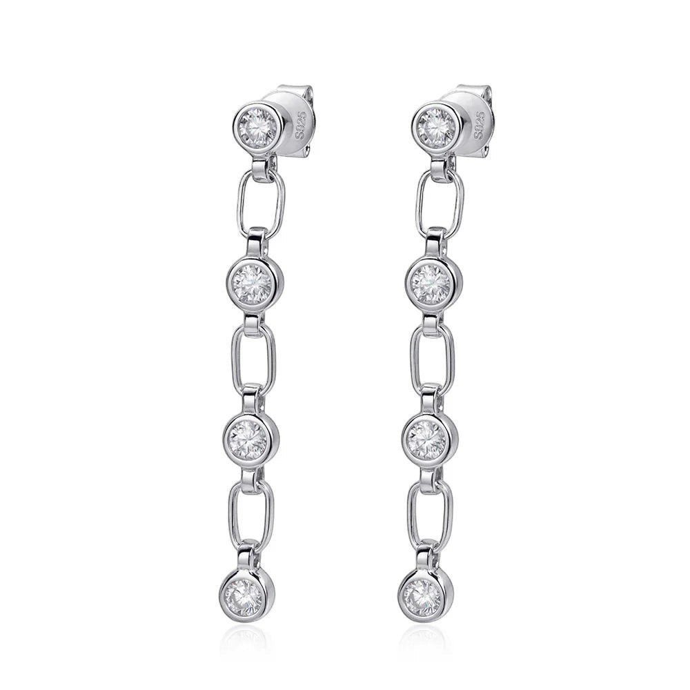 Dainty moissanite chain tassel earrings from Bee-Bees in solid S925 sterling silver.