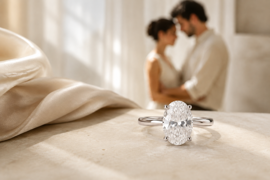 Oval moissanite engagement ring chosen by a modern engaged couple in 2026