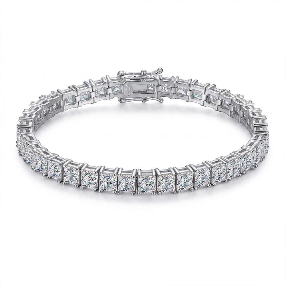 Elegant princess-cut moissanite tennis bracelet featuring sparkling square stones in polished silver prong settings, with a secure box clasp and safety latch, displayed on a clean white background.