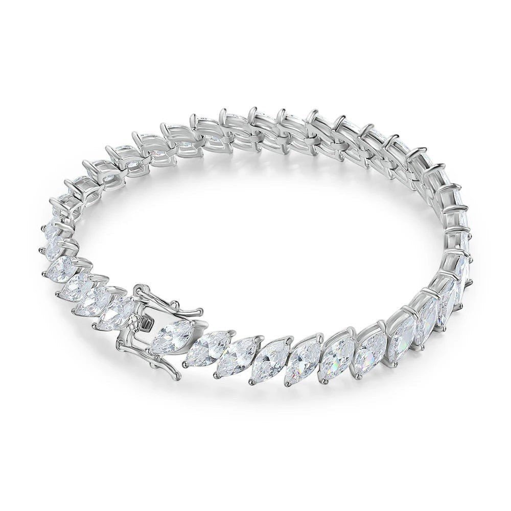 Elegant marquise-cut moissanite tennis bracelet featuring sparkling leaf-shaped stones in polished silver prong settings, with a secure box clasp and safety latch, displayed on a clean white background.